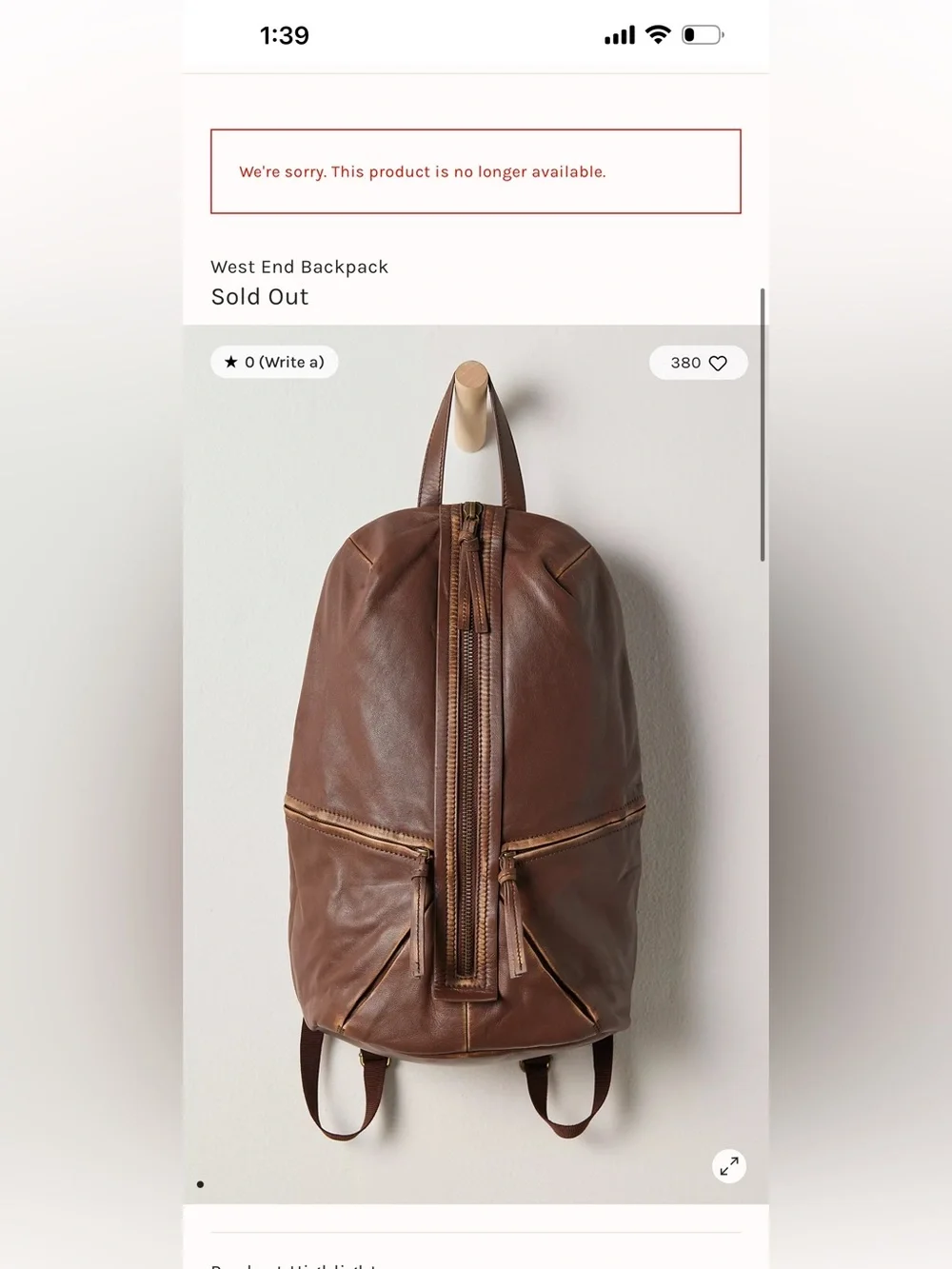 Free People West End Backpack, Brown Leather NWT